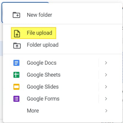 Google Drive "File upload" button is highlighted in Google Drive. 