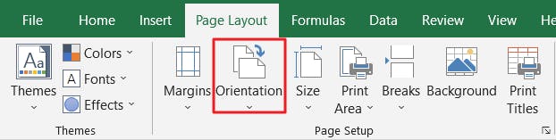 Orientation button with a red box around it in Excel.