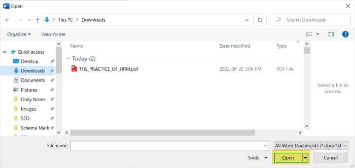 Open button is highlighted in the Open File dialog box in Word. A PDF is showing in the dialog box. 