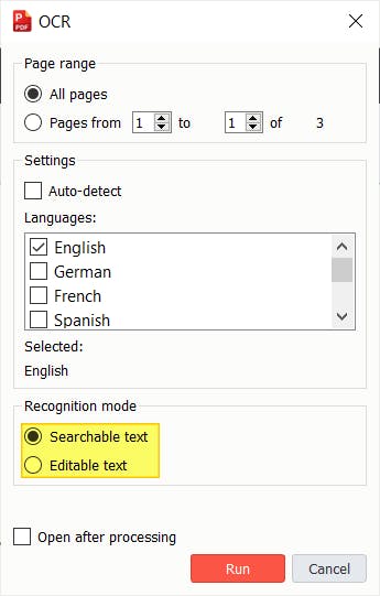PDF Pro's OCR dialog box with the Recognition Mode radio buttons highlighted. 