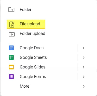 File upload button highlighted in Google Drive.