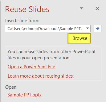 PowerPoint's Reuse Slides browse button is highlighted.