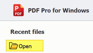 Open file button highlighted in PDF Pro