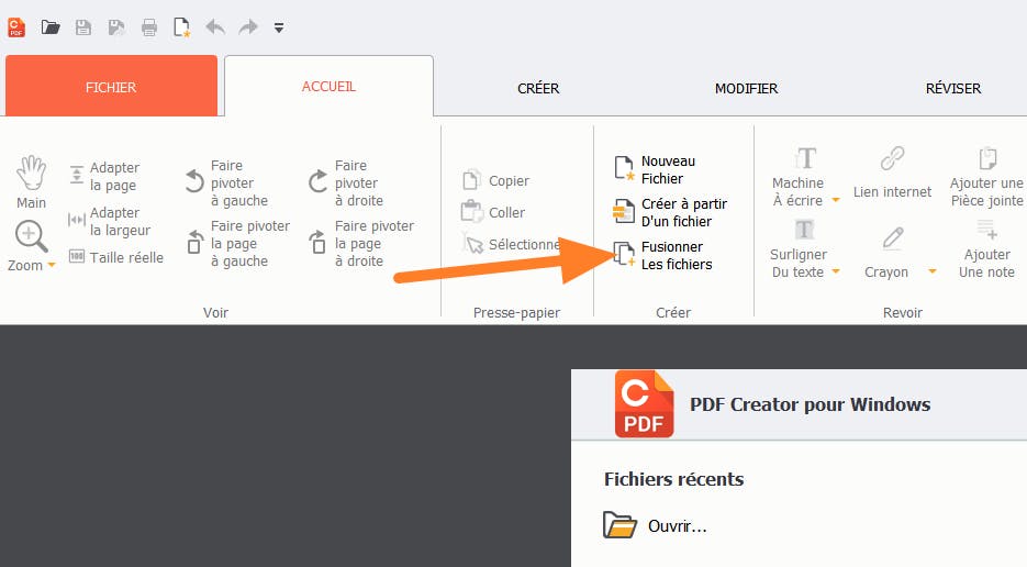 Le bouton Fusionner les fichiers dans PDF Creator avec une flèche pointant dessus.