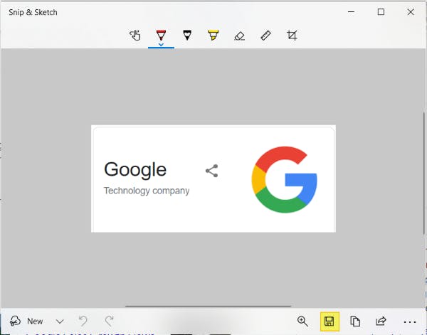 Snipping tool dialog box with the Save button highlighted at the bottom right of the window.