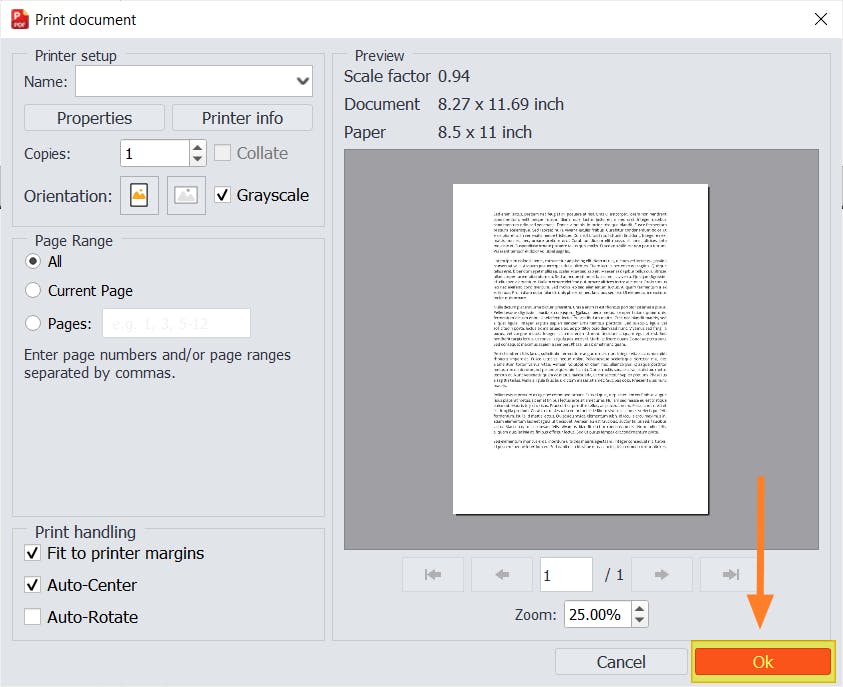PDF Pro Print document dialog box. The Ok button is highlighted and has an orange arrow pointed at it. 