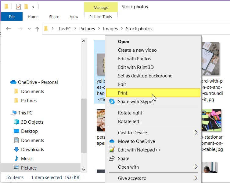 Right-click context menu. The Print option is highlighted. 