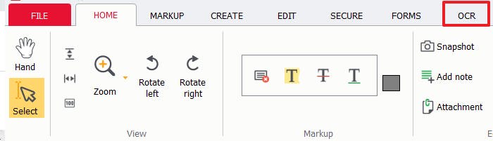 OCR tab button in PDF Pro with red box around it.