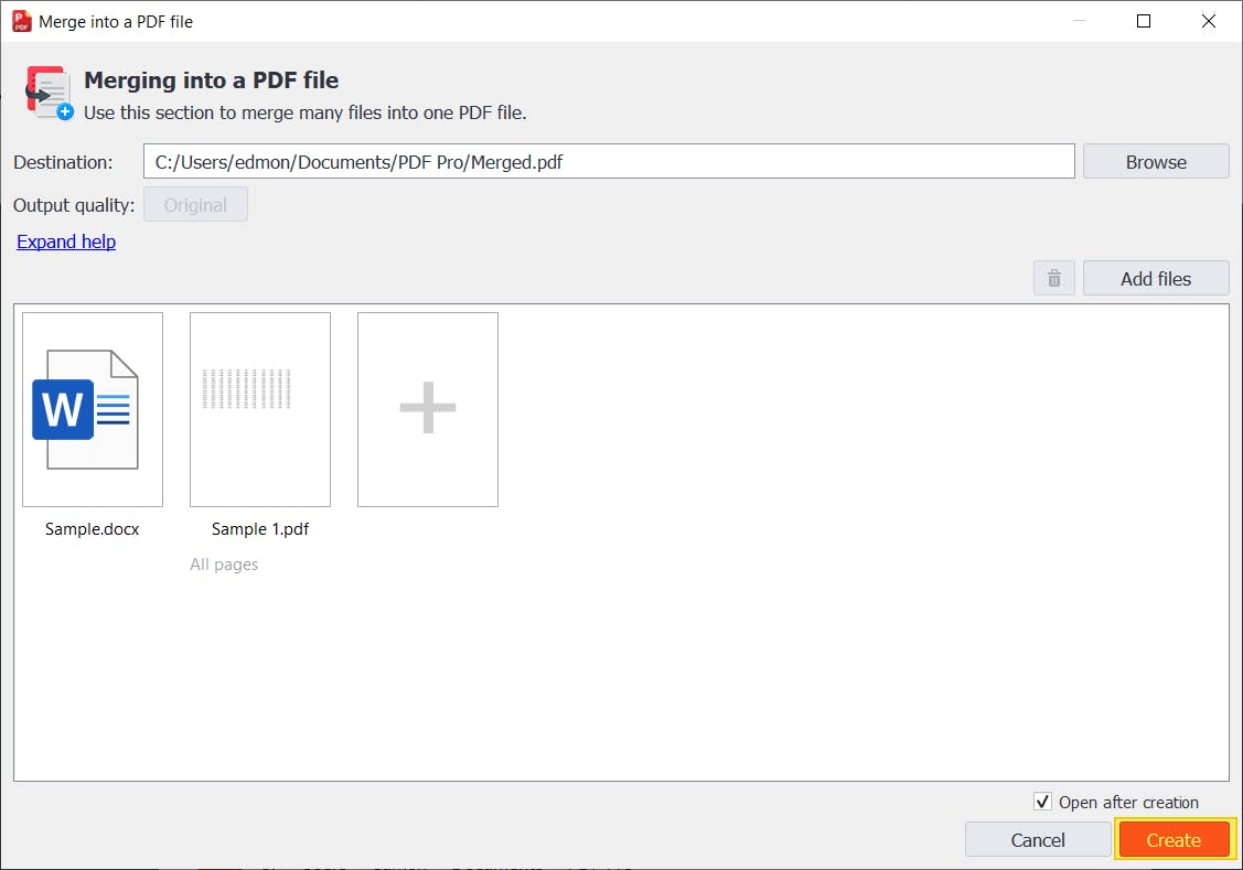 Create button highlighted in Merging into a PDF file dialog box.
