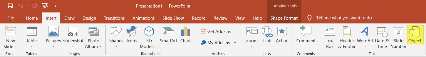 PowerPoint's Insert tab. The Object button is highlighted. 