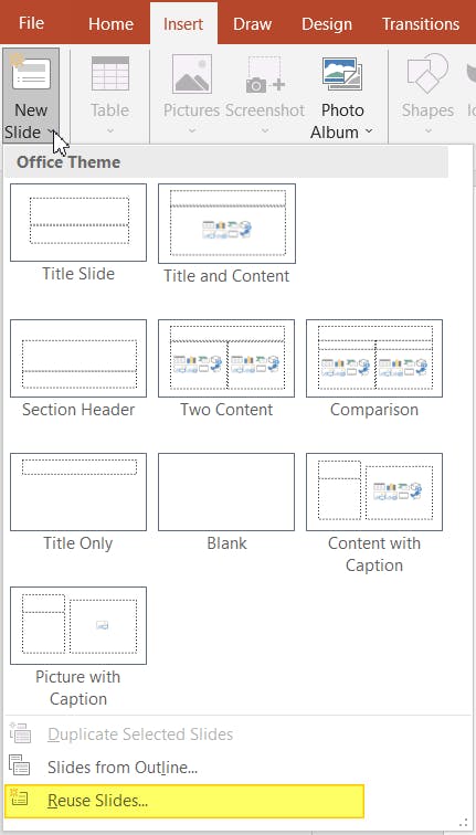 PowerPoint's Reuse Slides button is highlighted.