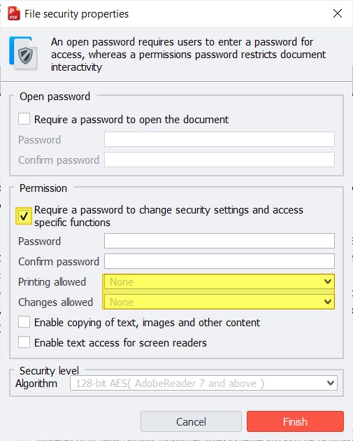 File security properties dialog box, with the fields highlighted showing that no changes can be made to the document. 