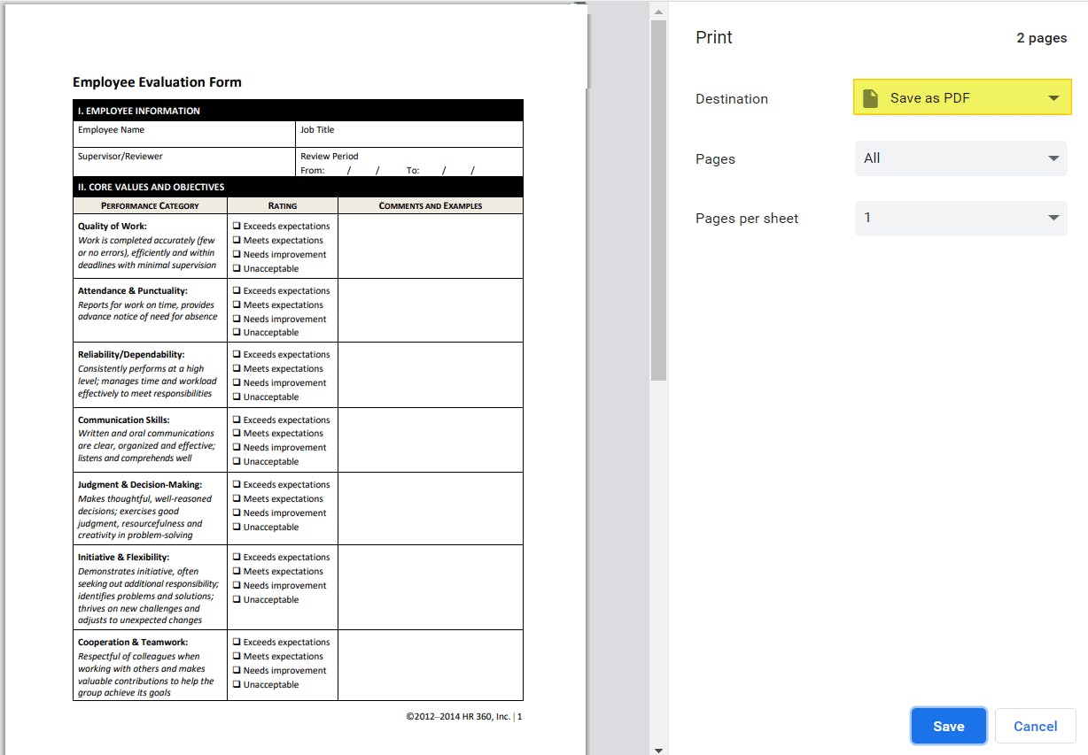 Google Drive Print settings. The Destination printer is highlighted and set to "Save as PDF"