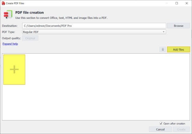 Create PDF Files dialog box with the Add files buttons highlighted. 