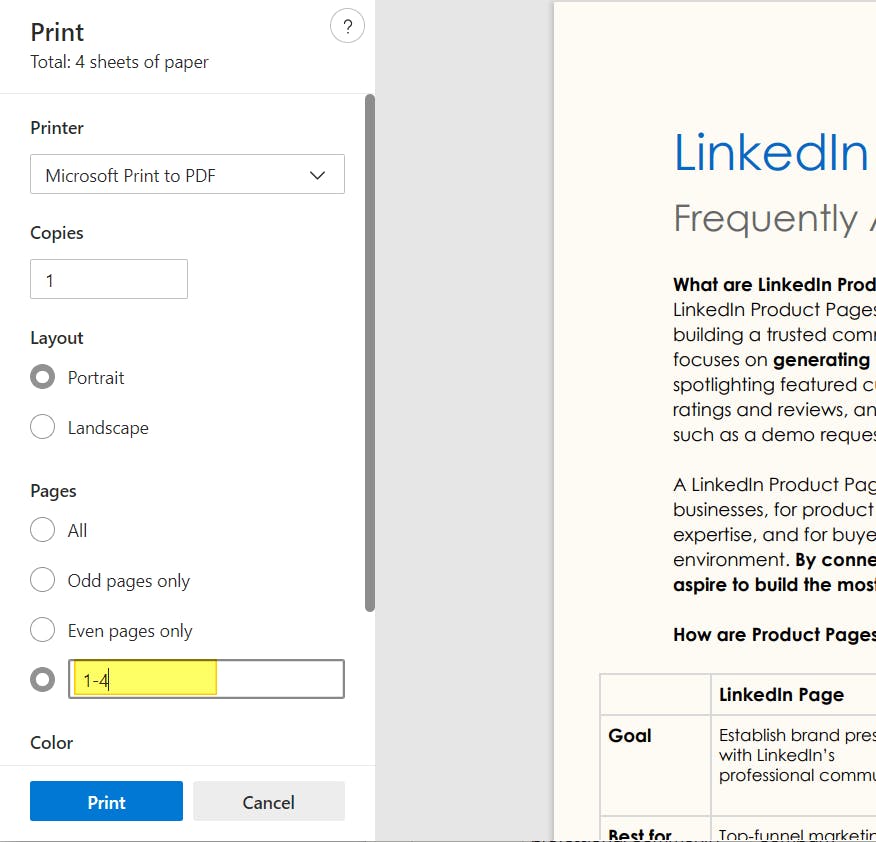 Microsoft Edge Print settings dialog box with custom pages set from the range 1-4. The field to enter these numbers is highlighted. 