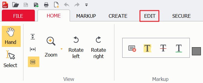 Edit tab with red box around it in PDF Pro.