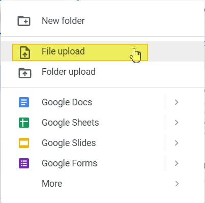 File upload button highlighted in Google Drive.