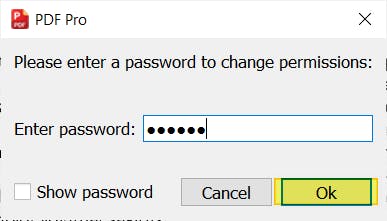 PDF Pro enter password prompt with the Ok button highlighted. A password is entered in the password field.