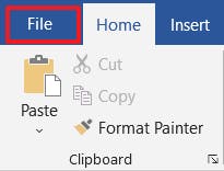 File tab in Microsoft Word with a red box around it.