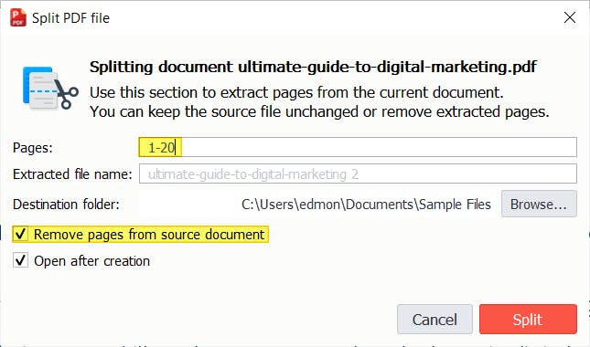 Split PDF file dialog box with the page range highlighted and the "Remove pages from source document" checkbox is highlighted. 
