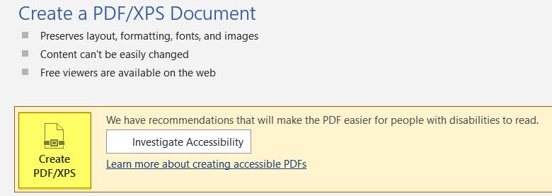 Word Create PDF/XPS button highlighted. 