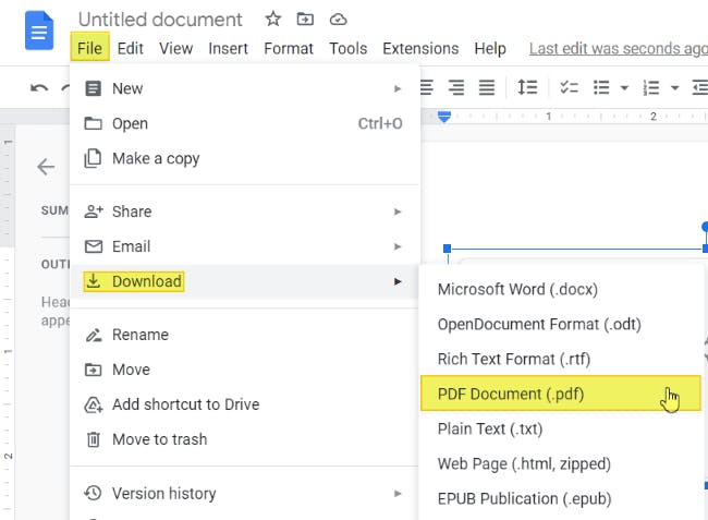 Google Docs File menu dropdown, with File, Download, and PDF Document (.pdf) options highlighted. The mouse is hovering on the PDF Document (.pdf) option from the Download as dropdown. 