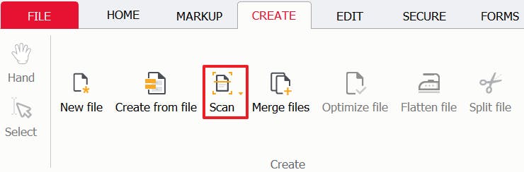Scan button with a red box around it in the Create tab of PDF Pro.