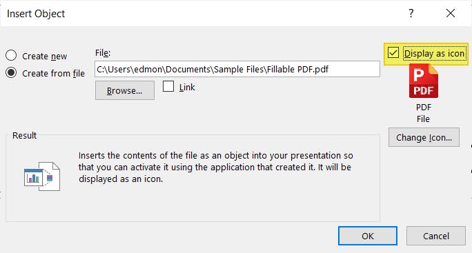 PowerPoint's Insert Object dialog box. The Display as icon checkbox is checked and highlighted.