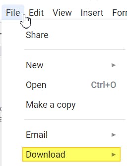 Download button highlighted in File menu of Google Docs.
