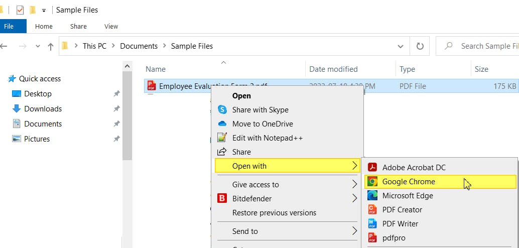 Windows File Explorer. The right-click context menu is open for a PDF. The highlighted options from the context menu are Open with Google Chrome.