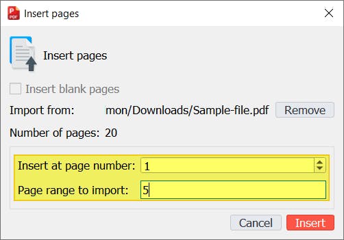PDF Pro's Insert pages dialog box. The "Insert at page number" and "Page range to import" section are highlighted. 