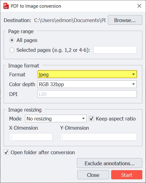 PDF Pro's PDF to Image conversion dialog box. The File format field is highlighted and says "jpeg'. 