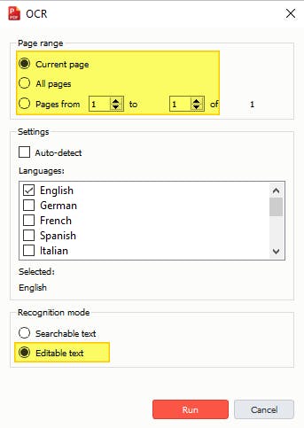 OCR dialog box with Page Range details and Editable text radio button highlighted and Editable text radio button selected