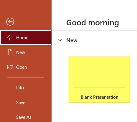 PowerPoint File menu. The Create Blank Presentation button is highlighted. 