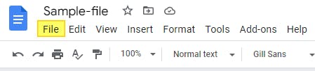 File menu button highlighted in Google Docs. 