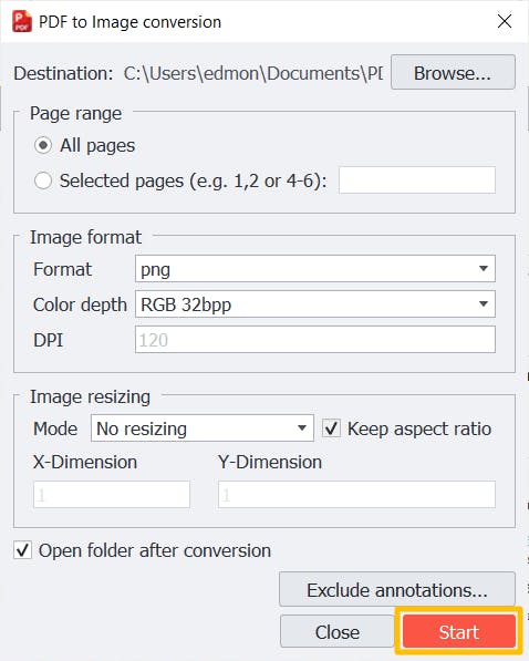 PDF to Image conversion dialog box with the Start button highlighted. 