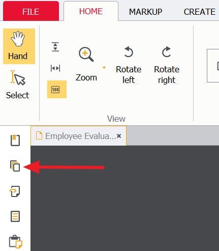 PDF Pro's thumbnail button with a red arrow pointing at it.