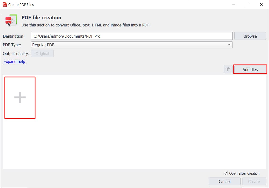 Add files buttons in Create PDF Files dialog box in PDF Pro.