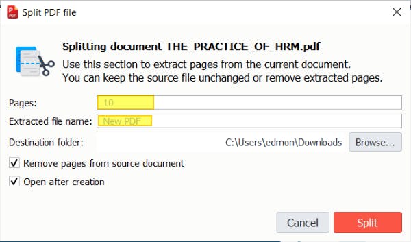 Split PDF file dialog box. The pages and file name field are both highlighted. 