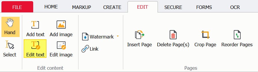 PDF Pro's Edit tab. The Edit Text button is highlighted. 

