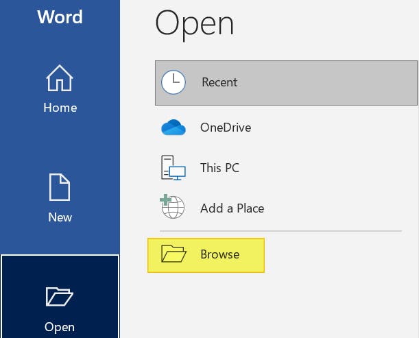 Browse button highlighted in Microsoft Word.