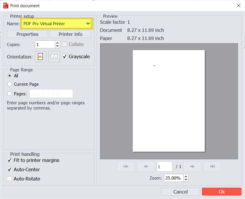 PDF Pro virtual printer selected in Print document dialogue box.