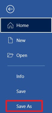Save As button in File menu in Microsoft Word.