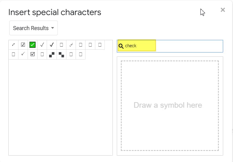 Insert special characters dialog box with the Search field highlighted. In the search field is the word "check". 