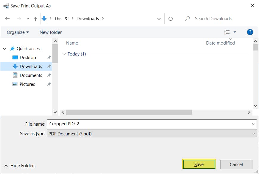 Save button highlighted in Print to PDF dialog box.