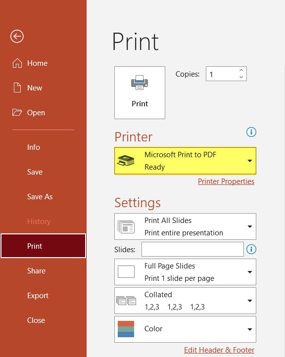 Microsoft Print to PDF selected as printer, and highlighted, in PowerPoint.