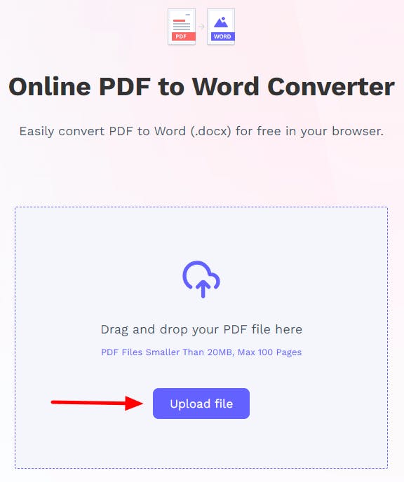 PDF Pro's online PDF to Word converter. There is a red arrow pointing to the Upload File button. 