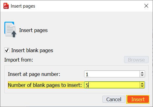 PDF Pro's Insert pages dialog box. The numbers of blank pages to insert is 5, and is highlighted. The Insert button is red, and highlighted as well. 