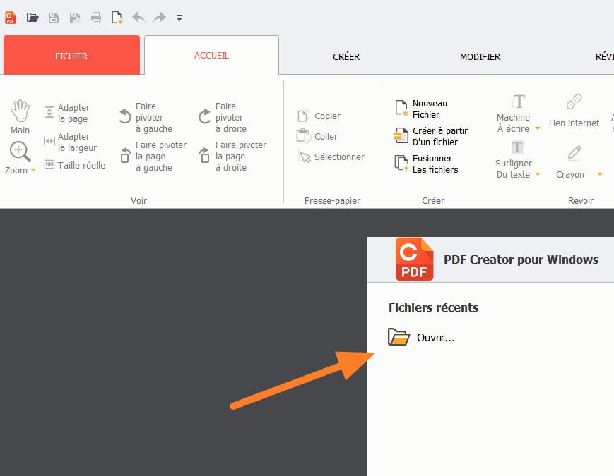 Le bouton d'ouverture de fichier dans l'application de création de pdf avec une flèche orange pointant dessus.