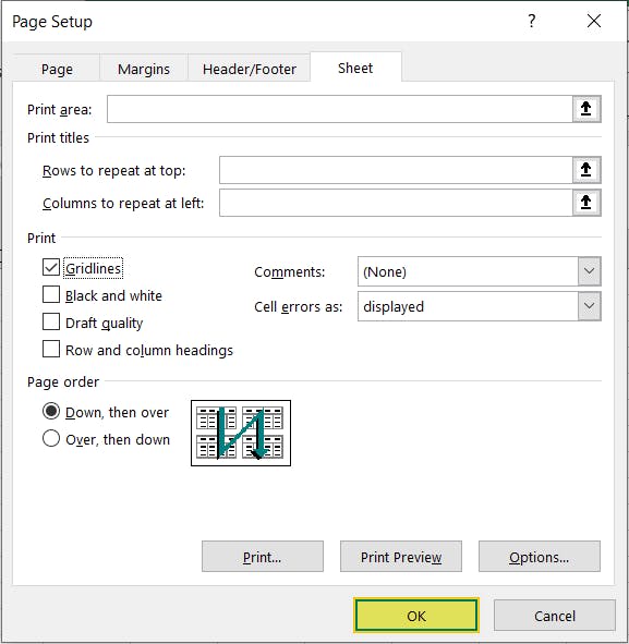 Ok button in Page Setup dialog box with Gridlines checkbox selected.